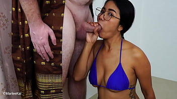 Preview 1 of Criyng Refuse Condom - Asian Bikini Cum Dump Sucks Cock in Glasses