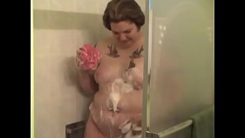 Preview 3 of Salle Girl - Tattooed fat chick strips to wash her tits and cunt in the shower