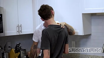 Preview 1 of Pretty Blonde Cum Eater - Inked Dude With A Pussy Fucked In The Kitchen