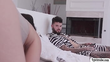 Preview 1 of Cfnm Femdom Suck - Tattooed guy enjoys his very first time of Trans Transaction