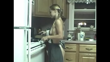 Preview 1 of Oiled Massage Cock Rubbing Pussy - Slutty chick pokes her cunt with kitchen utensils on counter