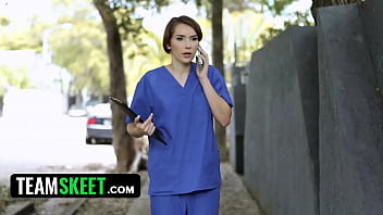 Preview 1 of Hairy Mom 1080p - StepSis In Nurse Uniform Natalie Porkman Takes Care Of StepBrother&#039_s Huge Boner - TeamSkeet