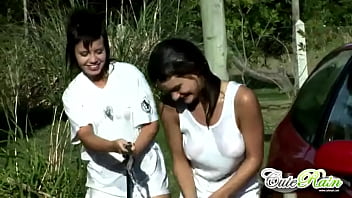 Preview 2 of Family Strocks In Bunny Bockt - Cute rain gets wet washing car with lesbo