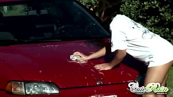 Preview 1 of Family Strocks In Bunny Bockt - Cute rain gets wet washing car with lesbo
