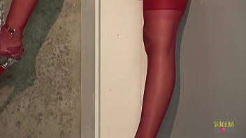 Preview 1 of Betany High Class - British blonde in red stockings sucks and fucks two raging cocks