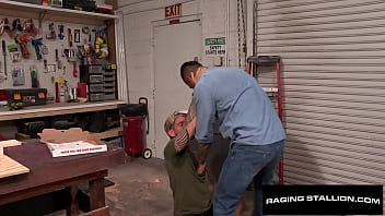Preview 1 of Videos Xxx Six 2002 - Tatted Hairy Hunk Gives Facial To Hot Handyman - Logan McCree,  Boomer Banks - RagingStallion