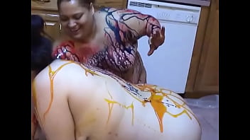 Preview 2 of Playboy 4 Way - Fat and BBW latinas use creams on their bodies in the kitchen