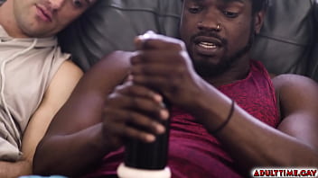 Preview 2 of Emily Merylin - Straight best friends Devin Trez and Damien White plays with their dicks with a flesh light and gets aroused and started to fuck.