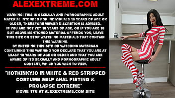Preview 1 of Hugeo Melon - Hotkinkyjo in white &amp_ red stripped costume self anal fisting &amp_ prolapse extreme