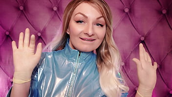 Preview 2 of Beg Sex Xxx - latex gloves and blue PVC coat - hot sounding ASMR video - MILF Arya Grander