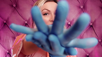 Preview 4 of Regina King In First Christmas - blue nitrile gloves and pink PVC fetish coat - sexy curvy MILF Arya Grander - ASMR free clip