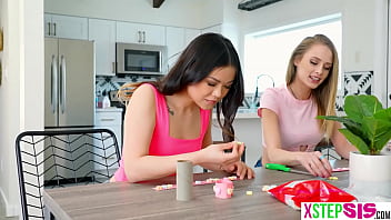Preview 1 of Wapdam Sex Teen - Sizing up stepbros Valentines Day dick by Asian teen stepsister Lulu Chu and her hot blonde BFF Kyler Quinn