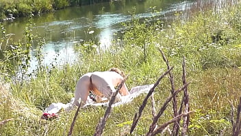 Preview 3 of New 90 Old - A casual passerby young guy saw a naked Milf sunbathing on river bank. Peeping. Spy camera. Naked in public. Nude beach. Wild beach