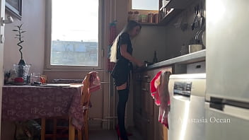 Preview 2 of Vetnamis Sex - Sunny morning and she is making coffee in stokings and hills. Voyeurism.