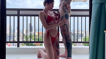 Preview 3 of Sleep Porn Vdo - Cum in my GF&rsquo_s Mouth in Public on Balcony
