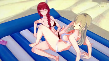 Preview 1 of Men Anal Female Dog - Chainsaw Man Ova beach episode - Makima and Power have lesbian sex
