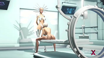 Preview 2 of Muff Girls - Space sex in the sci-fi lab. A hot young hottie has anal sex with a female dickgirl