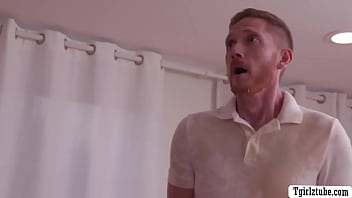 Preview 1 of Brunette Babe Gets Cought - shemale boss throats and rides the big cock of guy secretary