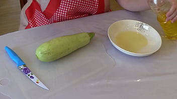 Preview 1 of Dom Pantyhose - Fat MILF wanted to cook dinner but stuck a big zucchini in her hairy pussy. Fat ass and big boobs in oil. PAWG. Home fetish masturbation. Amateur.