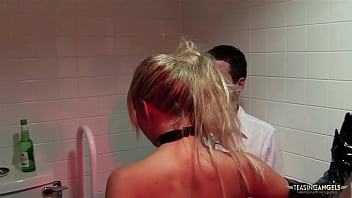 Preview 1 of Tumblr Teen Nudes - Two horny guys get to bang a blonde cutie in the bathroom