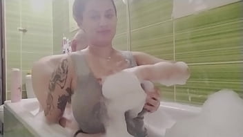 Preview 2 of Kris Miss - Sexy ass big tits  wet pantyhose and shirt touched in the bath