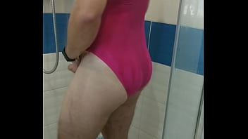 Preview 2 of Findvidio Xxx Porno - Boy wearing sexy pink one piece swimsuit and getting shower