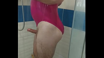 Preview 3 of Findvidio Xxx Porno - Boy wearing sexy pink one piece swimsuit and getting shower