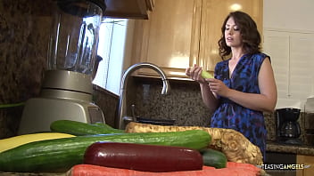 Preview 1 of Maia Ginger Pov - MILF washes a cucumber and ends up masturbating with it before using other veggies