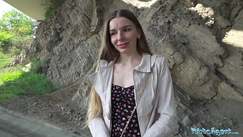 Preview 1 of Sex Tub 8 - Public Agent - Young Ukrainian girl with long brunette hair waiting to meet friends talked into sex with a stranger outside