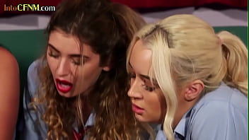 Preview 3 of Koel Morlick Sex Com - CFNM cheerleaders and college slut in group femdom HJ