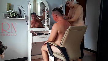 Preview 3 of Steps Daughter Dad And Teens - Nudist barbershop. Nude lady hairdresser in an apron makes client to strip. Security camera. The client is surprised. cam  2