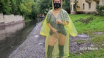 Preview 3 of Grils 18th - Teen in yellow raincoat flashes pussy outdoors in the rain