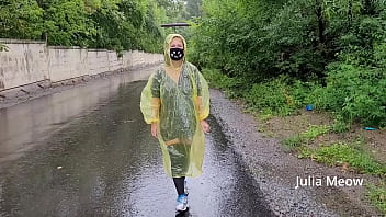 Preview 1 of Grils 18th - Teen in yellow raincoat flashes pussy outdoors in the rain
