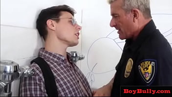 Preview 1 of Lesbos Anal Fist - Nerd teen dominated in the public bathroom- BoyBully.com
