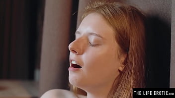 Preview 2 of American Girl And Dog Sexxx - Watch this cute redhead tease her nipples and clit with ice cubes