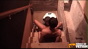 Preview 2 of Smail Girls Xxx Sex - Lucky guy gets his big dick blowed by a horny man on the stairs of the bar