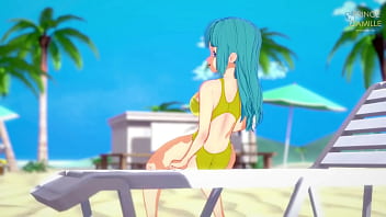 Preview 2 of Japanese Mother Son Incest 3gp - Maron in yellow swimsuit masturbates on the beach - Dragon Ball Z