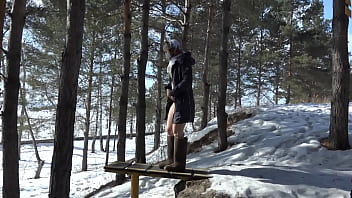 Preview 1 of Sexy Jabardastie - Pissing in a public park in Siberia in winter. Sexy milf with big ass in vintage clothes undresses,  urinates,  rubs with snow. Nudism. Exhibitionism. PAWG. Retro. ASMR. Amateur fetish.