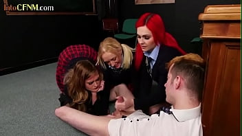 Preview 4 of Mom Blackmal Mom Sex - CFNM college babes jerk BWC in group classroom action