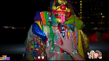 Preview 3 of Cute Boy And Cute Girls Sex - Big Booty White Girl Sucks Off BBC Clown on High Rise Patio During NYE Party