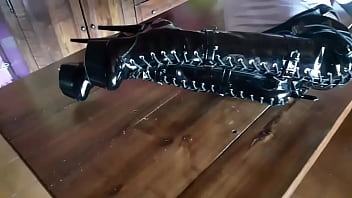 Preview 4 of Bf Sex Videos Hd - On a table showing my black boots over the knee