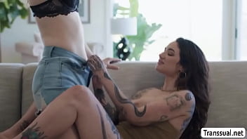 Preview 2 of Wapmon Downlod - Trans stepteen licks and fucks her tattooed stepmoms wet pussy