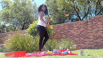 Preview 4 of All On French Brunette Bukakke - My Xmas picnic,  big-booty in leggings