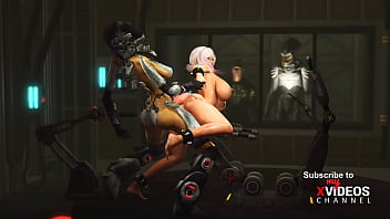 Preview 4 of Vibsg Sex - A sexy young cuffed blonde gets fucked by sex cyborg dickgirl in the sci-fi prison