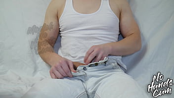 Preview 1 of Xxxnx Bfvideo - Guy In White Jeans Masturbates Big Beautiful Fat Cock,  Ejaculation Orgasm Without Hands