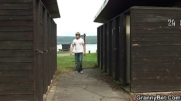 Preview 2 of An Old Man Licking Girl Boobs - He fucks busty blonde granny in public dressing cubicle