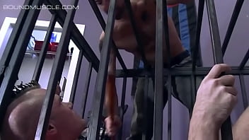 Preview 2 of Roman Handjob - Caged sub Cullen sucks his master Dereks cock
