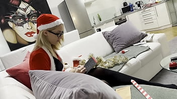 Preview 2 of Rzj Lj - Christmas Girl Hot Nerdy Glasses Secretary teasing cock by giving a handjob as Miss Santa to get precum before making it cum already