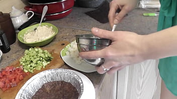 Preview 2 of Alex Adams Brother - Nude Cooking. Naked mommy Blonde MILF Frina continues nude kitchen and prepares two festive seafood Christmas dishes. In process of cooking shows pussy,  tits,  ass. Boobs,  butt,  natural tits Milf. Nudists at home.