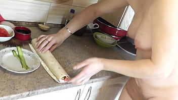 Preview 4 of Alex Adams Brother - Nude Cooking. Naked mommy Blonde MILF Frina continues nude kitchen and prepares two festive seafood Christmas dishes. In process of cooking shows pussy,  tits,  ass. Boobs,  butt,  natural tits Milf. Nudists at home.